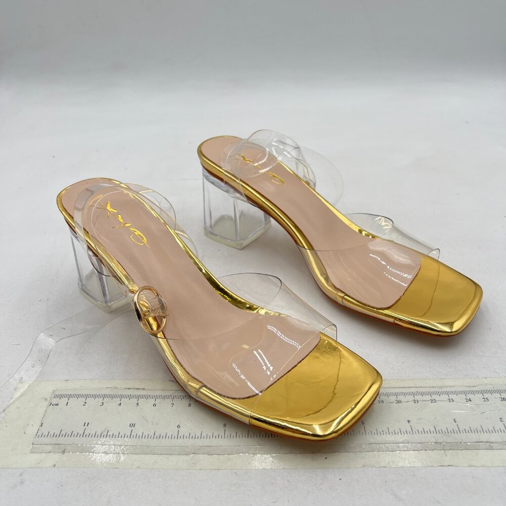 XYD Gold Clear Block Heel Open Toe Dressy Summer Transparent Ankle Strap Sandals - Picture 4 of 8